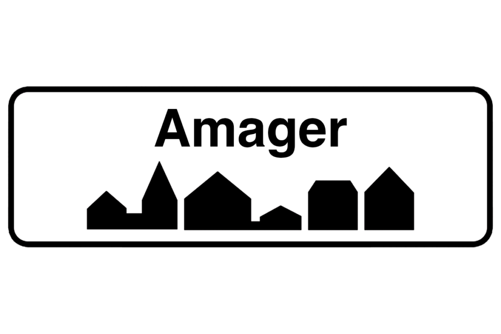 Byskilt med teksten "Amager" i fokus, der fremhæver bynavnet og understøtter vores malerfirma på Amager.