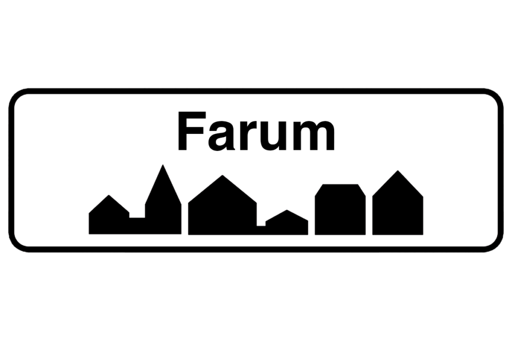 Byskilt med teksten "Farum" i fokus, der fremhæver bynavnet og understøtter vores malerfirma i Farum.