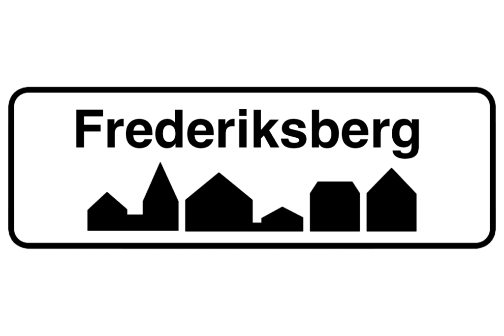 Byskilt med teksten "Frederiksberg" i fokus, der fremhæver bynavnet og understøtter vores malerfirma på Frederiksberg.