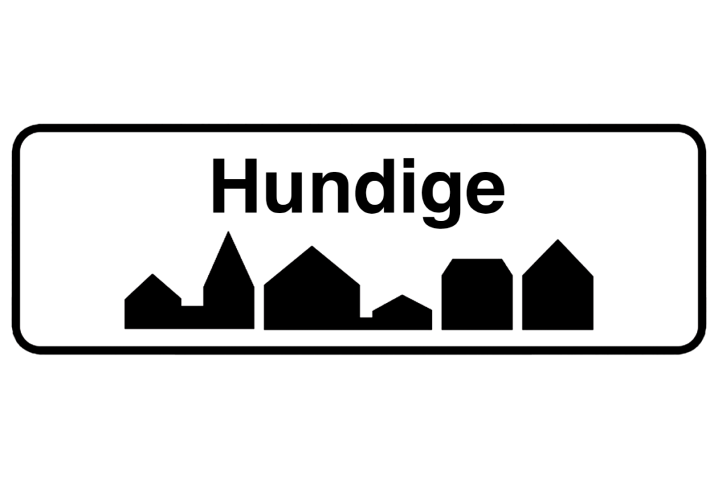 Byskilt med teksten "Hundige" i fokus, der fremhæver bynavnet og understøtter vores malerfirma i Hundige.