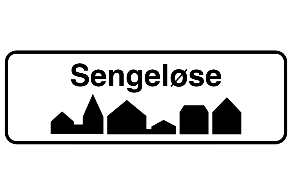 Byskilt med teksten "Sengeløse" i fokus, der fremhæver bynavnet og understøtter vores lokale malerfirma i Sengeløse.